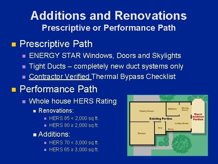 Additions and Renovations Prescriptive or Performance Path n Prescriptive Path n n ENERGY STAR