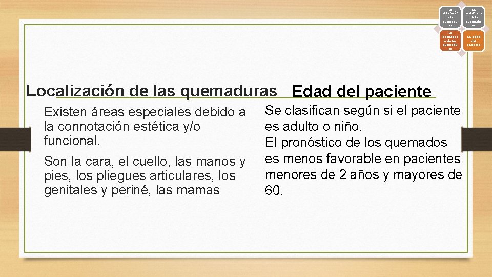 La extensión de las quemadur as La profundida d de las quemadur as La