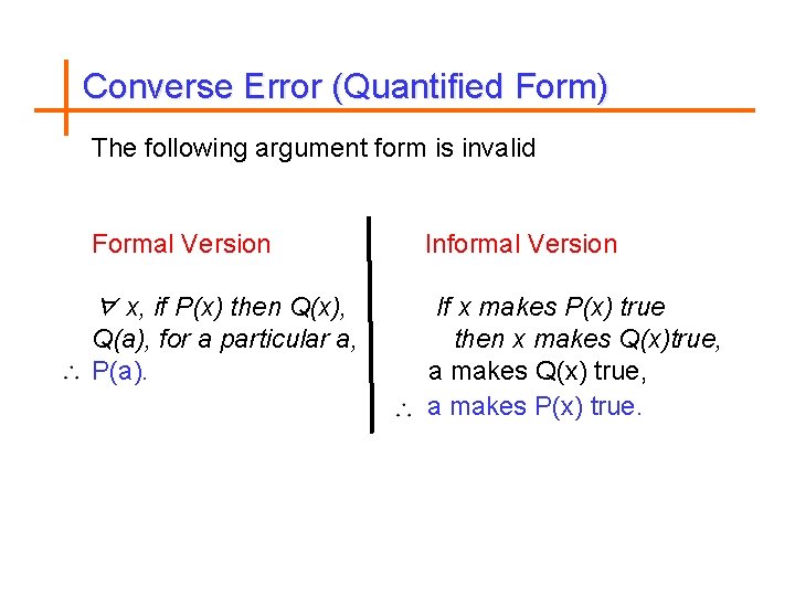 Converse Error (Quantified Form) The following argument form is invalid Formal Version Informal Version