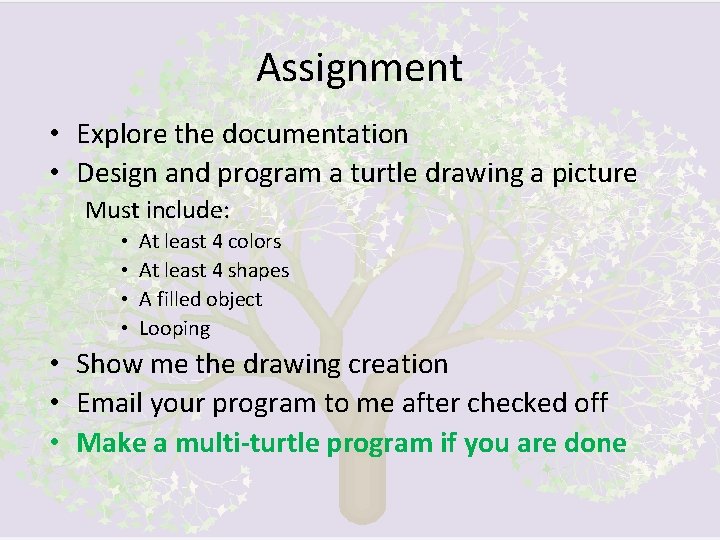 Assignment • Explore the documentation • Design and program a turtle drawing a picture