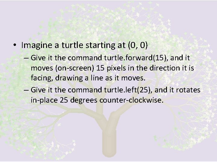  • Imagine a turtle starting at (0, 0) – Give it the command