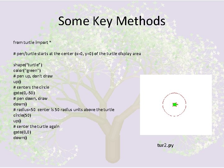 Some Key Methods from turtle import * # pen/turtle starts at the center (x=0,