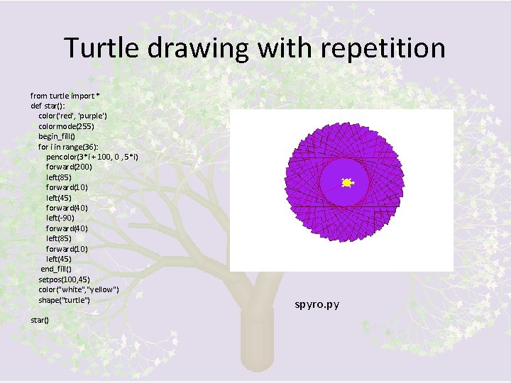 Turtle drawing with repetition from turtle import * def star(): color('red', 'purple') colormode(255) begin_fill()