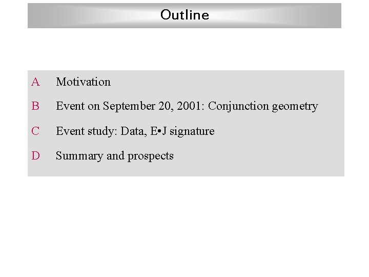 Outline A Motivation B Event on September 20, 2001: Conjunction geometry C Event study: