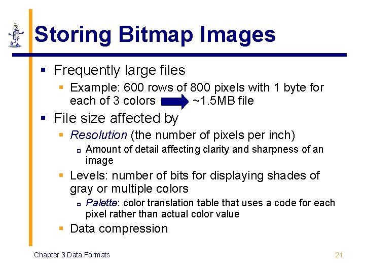Storing Bitmap Images § Frequently large files § Example: 600 rows of 800 pixels