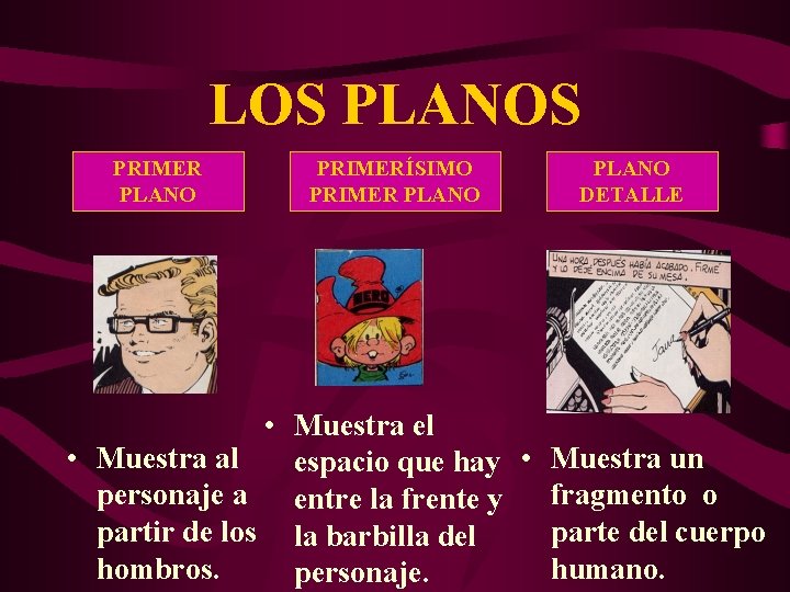 LOS PLANOS PRIMER PLANO PRIMERÍSIMO PRIMER PLANO DETALLE • Muestra el • Muestra al