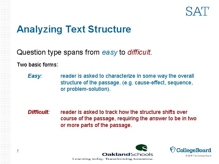 Analyzing Text Structure Question type spans from easy to difficult. Two basic forms: Easy: