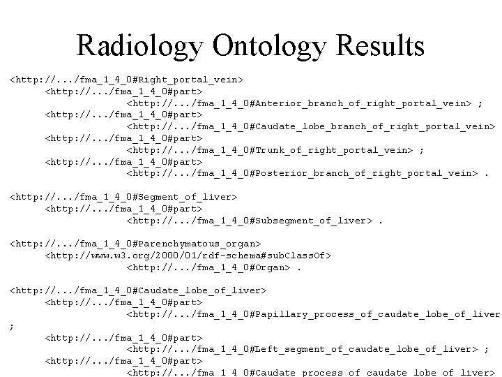 Radiology Ontology Results <http: //. . . /fma_1_4_0#Right_portal_vein> <http: //. . . /fma_1_4_0#part> <http: Radiology Ontology Results <http: //. . . /fma_1_4_0#Right_portal_vein> <http: //. . . /fma_1_4_0#part> <http: