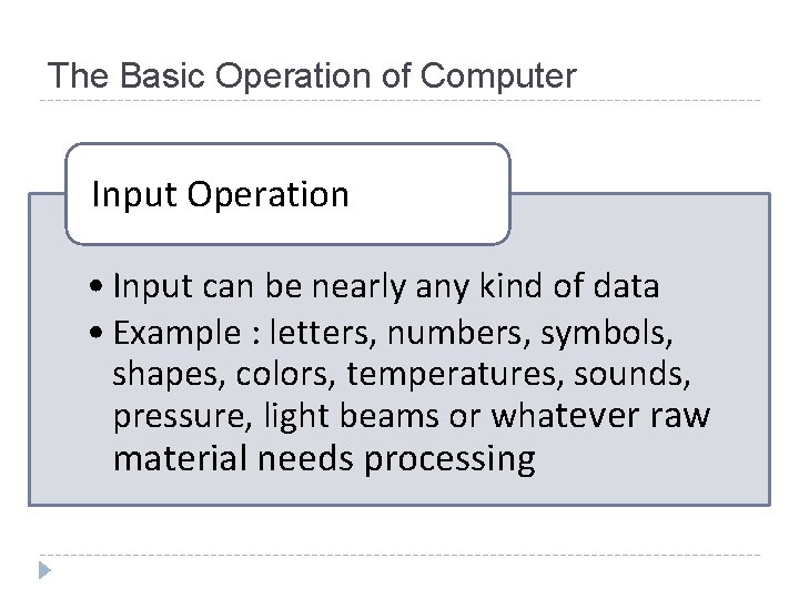 The Basic Operation of Computer Input Operation • Input can be nearly any kind
