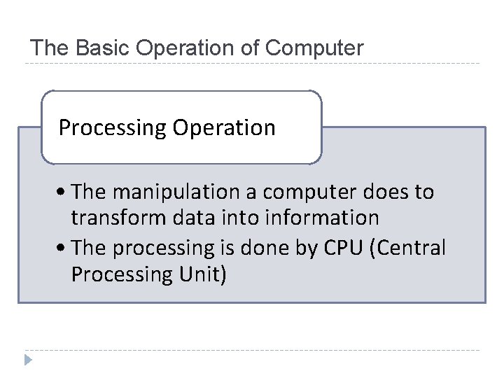 The Basic Operation of Computer Processing Operation • The manipulation a computer does to