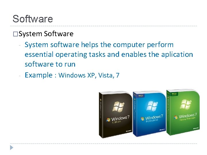 Software �System Software - - System software helps the computer perform essential operating tasks