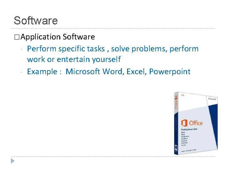 Software �Application Software - Perform specific tasks , solve problems, perform work or entertain