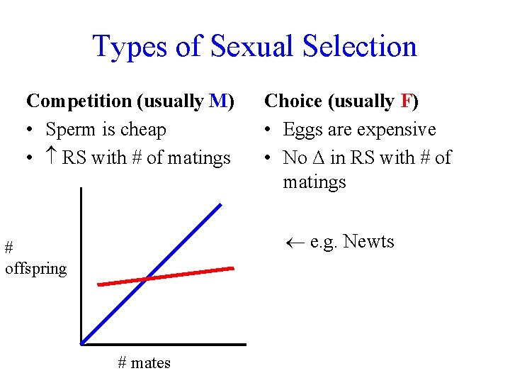 Types of Sexual Selection Competition (usually M) • Sperm is cheap • RS with