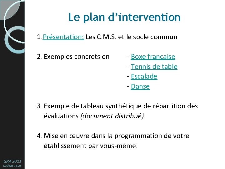 Le plan d’intervention 1. Présentation: Les C. M. S. et le socle commun 2.