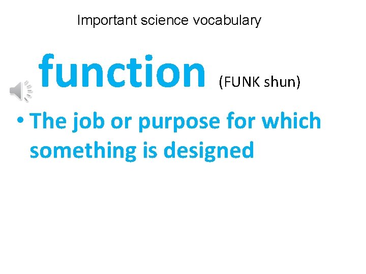 Important science vocabulary function (FUNK shun) • The job or purpose for which something