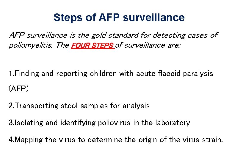 Steps of AFP surveillance is the gold standard for detecting cases of poliomyelitis. The