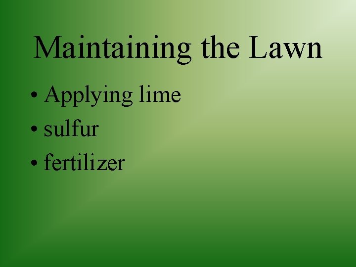 Maintaining the Lawn • Applying lime • sulfur • fertilizer 