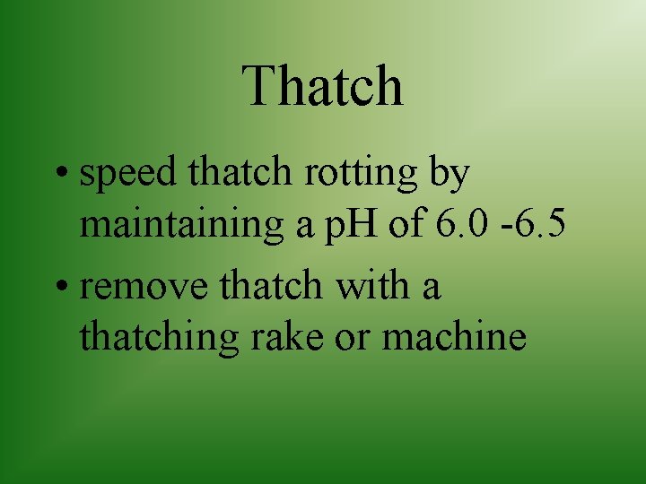 Thatch • speed thatch rotting by maintaining a p. H of 6. 0 -6.