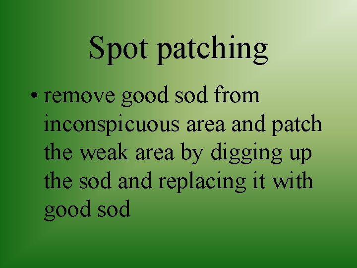 Spot patching • remove good sod from inconspicuous area and patch the weak area