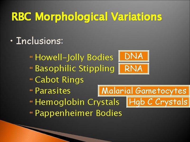 RBC Morphological Variations • Inclusions: Howell-Jolly Bodies DNA Basophilic Stippling RNA Cabot Rings Malarial