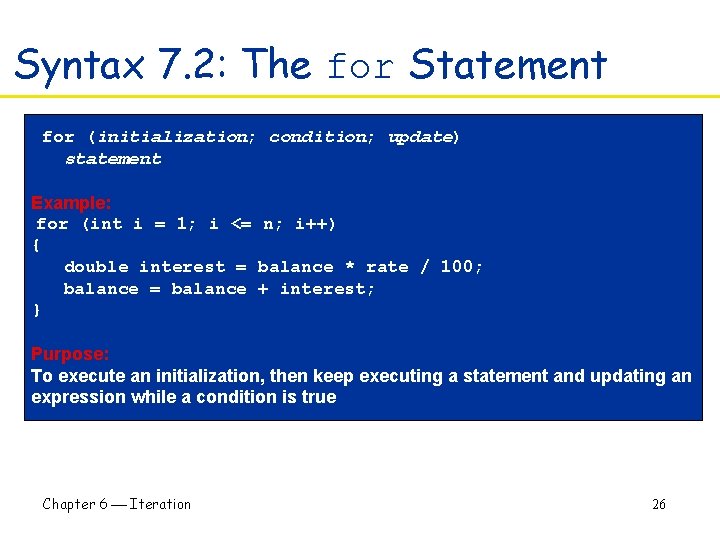 Syntax 7. 2: The for Statement for (initialization; condition; update) statement Example: for (int