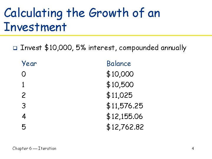 Calculating the Growth of an Investment q Invest $10, 000, 5% interest, compounded annually
