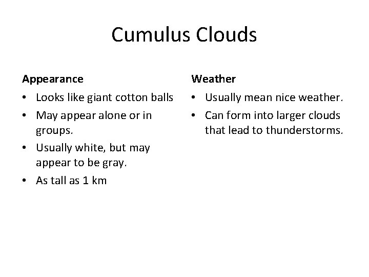 Cumulus Clouds Appearance Weather • Looks like giant cotton balls • May appear alone