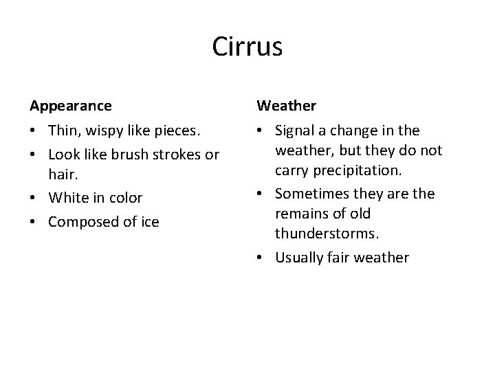 Cirrus Appearance Weather • Thin, wispy like pieces. • Look like brush strokes or