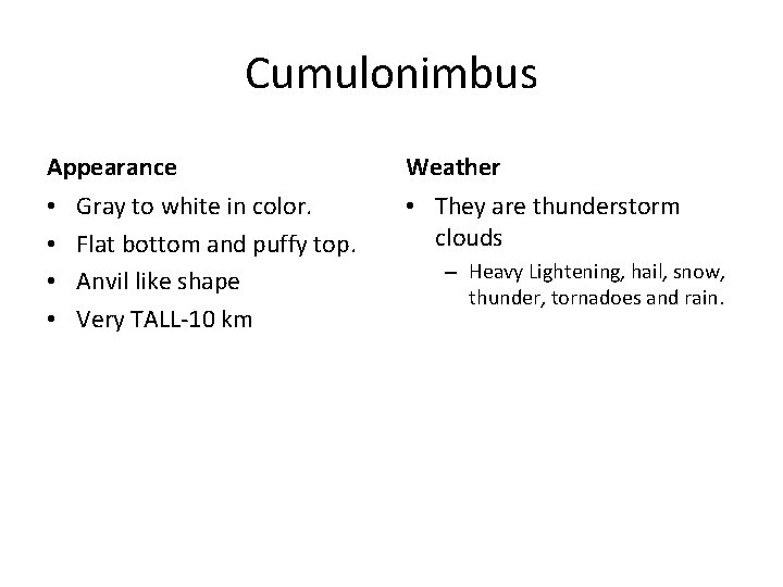 Cumulonimbus Appearance • • Gray to white in color. Flat bottom and puffy top.