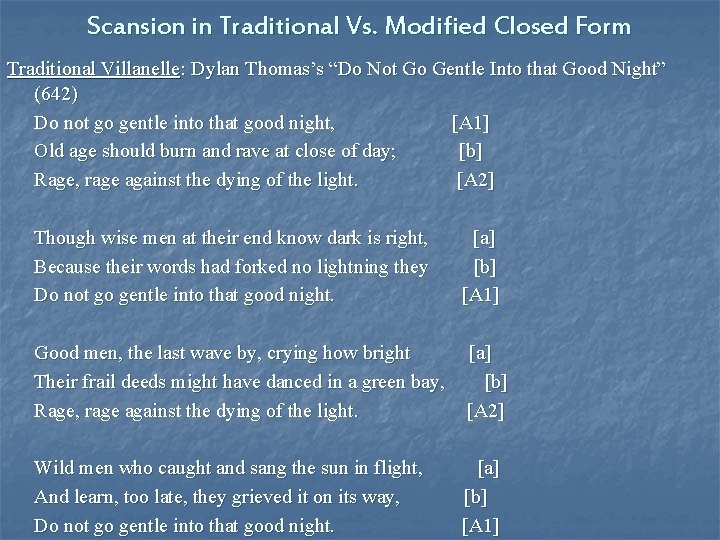 Scansion in Traditional Vs. Modified Closed Form Traditional Villanelle: Dylan Thomas’s “Do Not Go