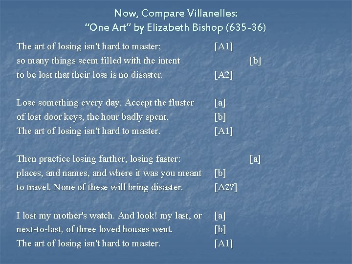 Now, Compare Villanelles: “One Art” by Elizabeth Bishop (635 -36) The art of losing