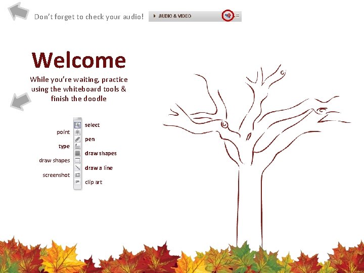 Don’t forget to check your audio! Welcome While you’re waiting, practice using the whiteboard
