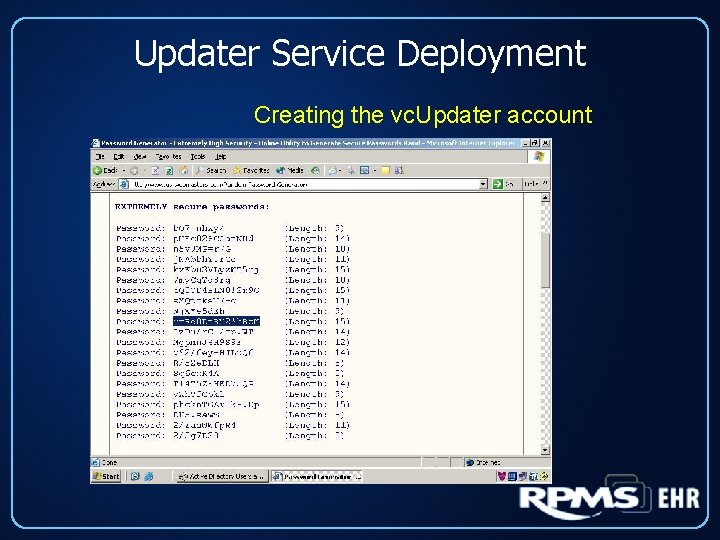 Updater Service Deployment Creating the vc. Updater account 