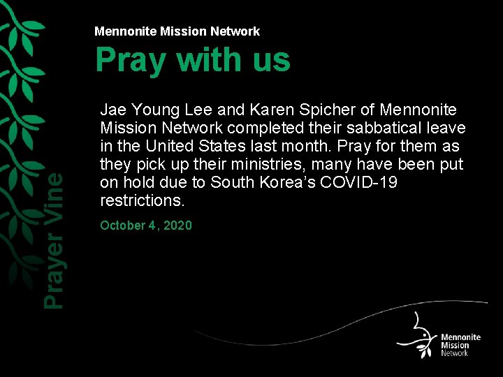 Mennonite Mission Network Prayer Vine Pray with us Jae Young Lee and Karen Spicher