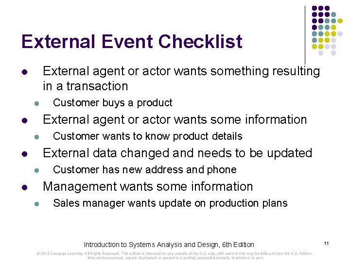 External Event Checklist External agent or actor wants something resulting in a transaction l