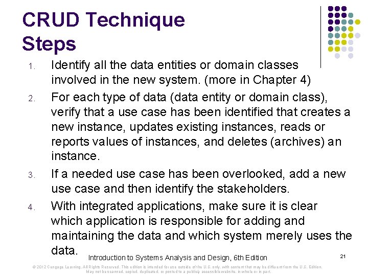 CRUD Technique Steps 1. 2. 3. 4. Identify all the data entities or domain