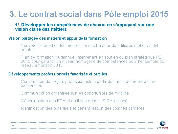 3. Le contrat social dans Pôle emploi 2015 1/ Développer les compétences de chacun