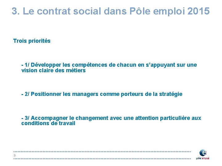 3. Le contrat social dans Pôle emploi 2015 Trois priorités - 1/ Développer les