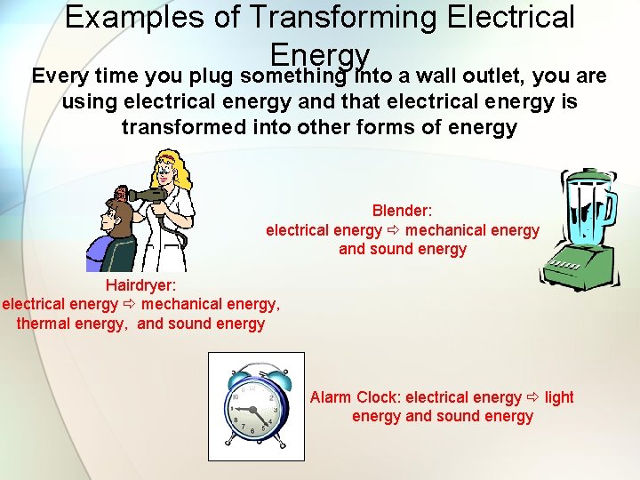 Examples of Transforming Electrical Energy Every time you plug something into a wall outlet,