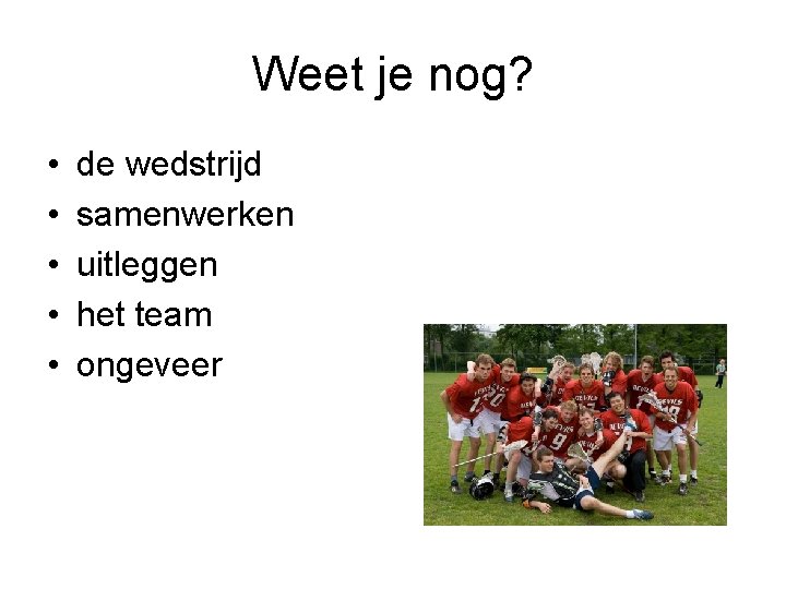 Weet je nog? • • • de wedstrijd samenwerken uitleggen het team ongeveer 