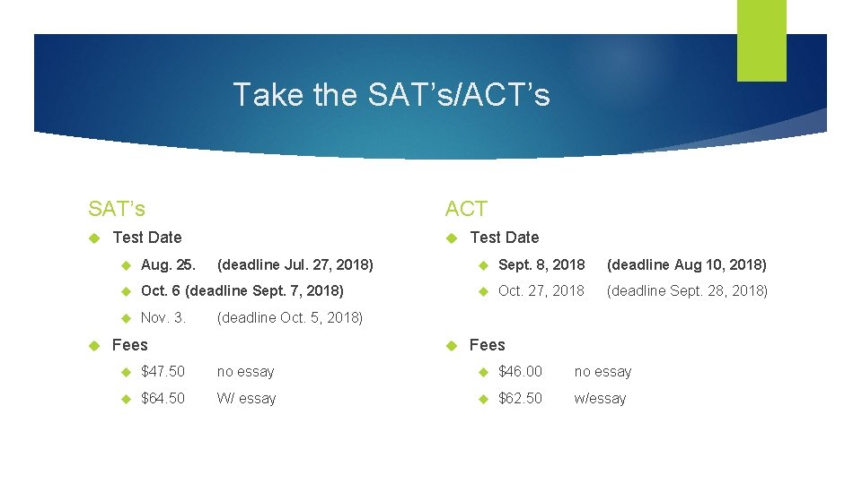 Take the SAT’s/ACT’s SAT’s ACT Test Date Aug. 25. (deadline Jul. 27, 2018) Oct.