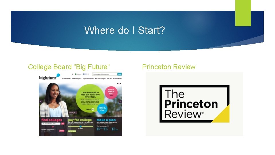 Where do I Start? College Board “Big Future” Princeton Review 