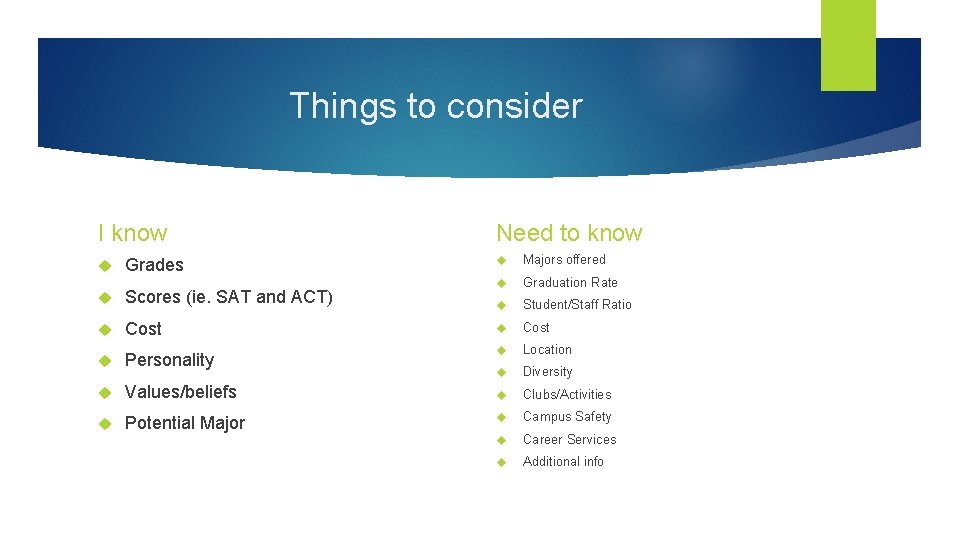 Things to consider I know Grades Scores (ie. SAT and ACT) Cost Personality Values/beliefs