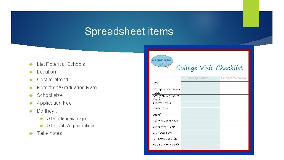 Spreadsheet items List Potential Schools Location Cost to attend Retention/Graduation Rate School size Application