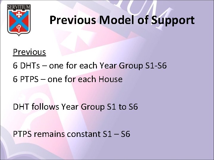 Previous Model of Support Previous 6 DHTs – one for each Year Group S Previous Model of Support Previous 6 DHTs – one for each Year Group S