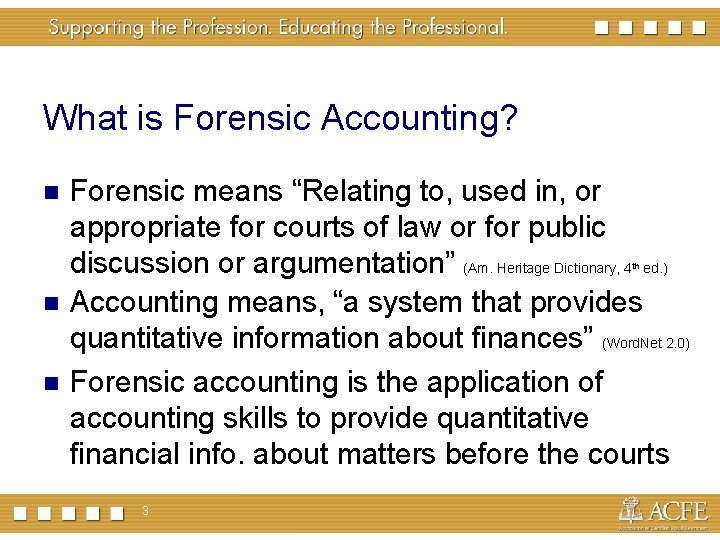 What is Forensic Accounting? Forensic means “Relating to, used in, or appropriate for courts