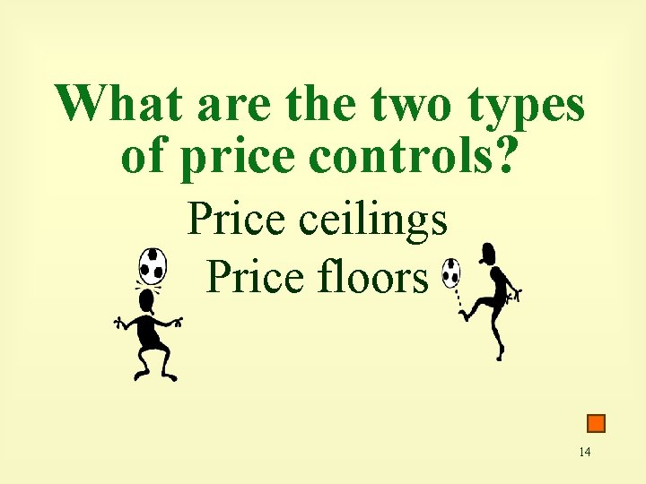 What are the two types of price controls? Price ceilings Price floors 14 