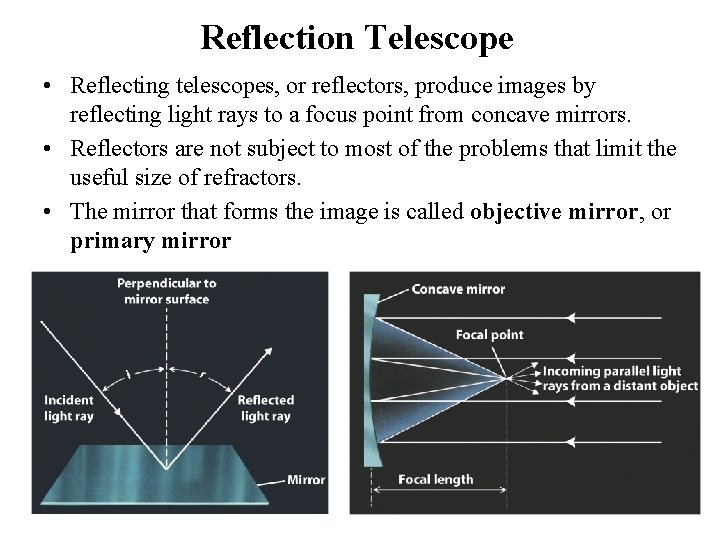 Reflection Telescope • Reflecting telescopes, or reflectors, produce images by reflecting light rays to