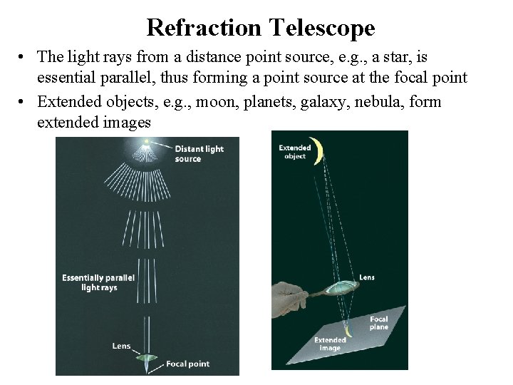 Refraction Telescope • The light rays from a distance point source, e. g. ,