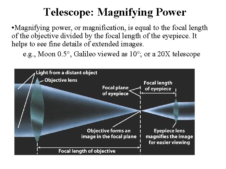 Telescope: Magnifying Power • Magnifying power, or magnification, is equal to the focal length